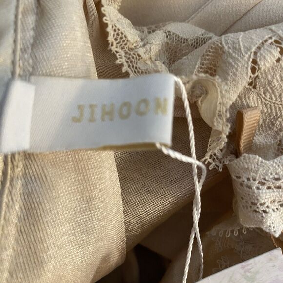 Fairy Goddess Dress Fairytale Ethereal Gown Tan Pleated Bows Romantic Small Midi - Picture 14 of 16